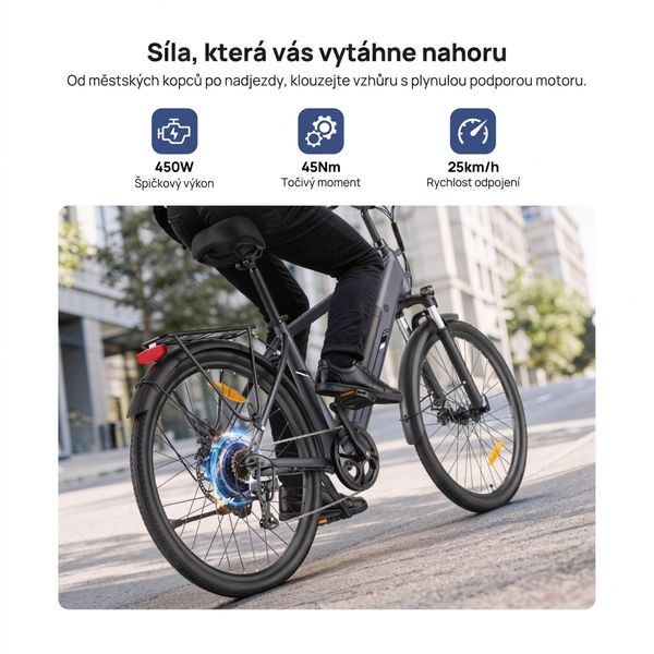 Elektrokolo Touroll J2 v městské ulici s informacemi o výkonu, točivém momentu a rychlosti