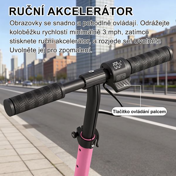 Řídítka růžové elektrické koloběžky s displejem a palcovým akcelerátorem