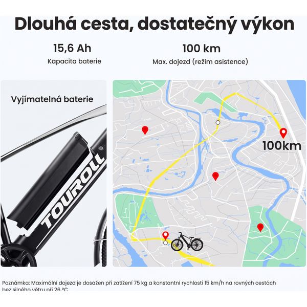 Detail vyjímatelné baterie Touroll s kapacitou 15,6 Ah a dojezdem 100 km