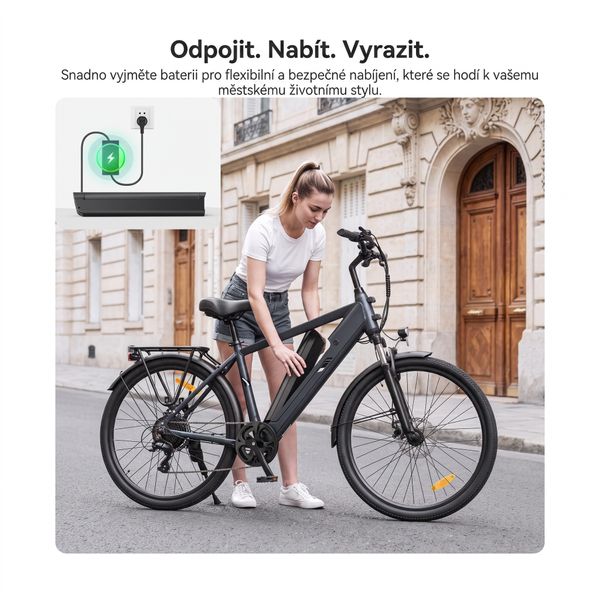 Elektrokolo Touroll J2 ve městě a detail vyjmuté baterie nabíjené ze zásuvky