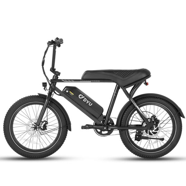 Boční detail černého elektrokola s baterií označenou logem DYU