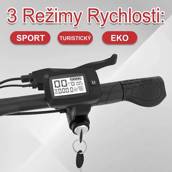 Detail řídítek s displejem, tlačítkem režimu a informací o třech rychlostních režimech