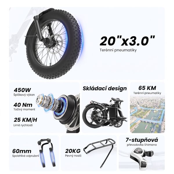 Technické detaily elektrokola Touroll S3 včetně široké pneumatiky, motoru, odpružení, řazení a nosiče