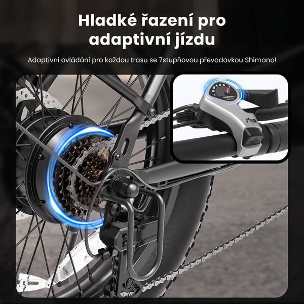 Detail zadního pohonu a ovladače řazení Shimano s textovým popisem