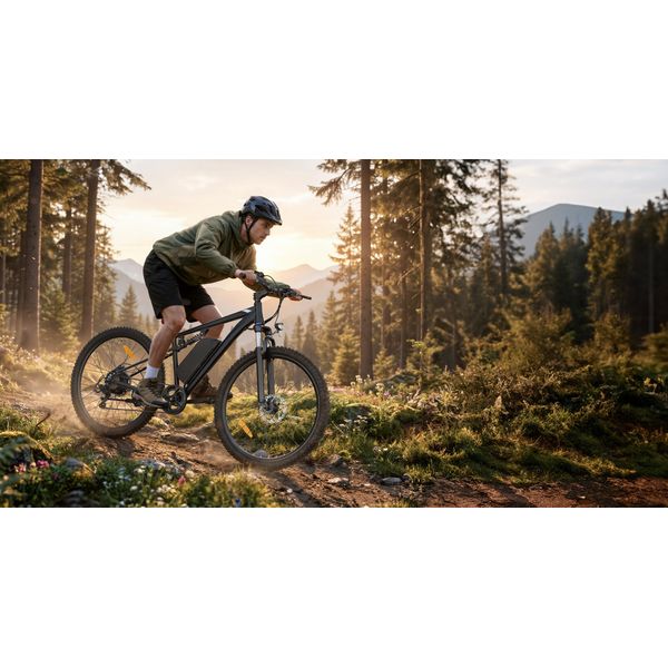 Cyklista na elektrokole během dynamické jízdy v přírodě