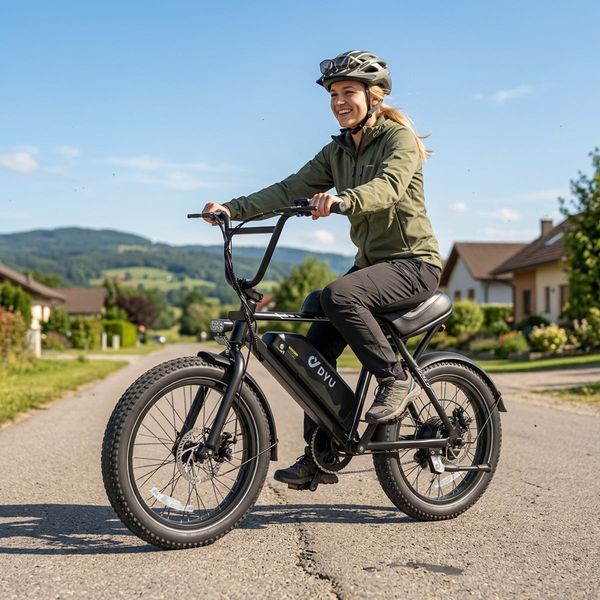Jezdkyně na černém elektrokole DYU během jízdy po klidné silnici