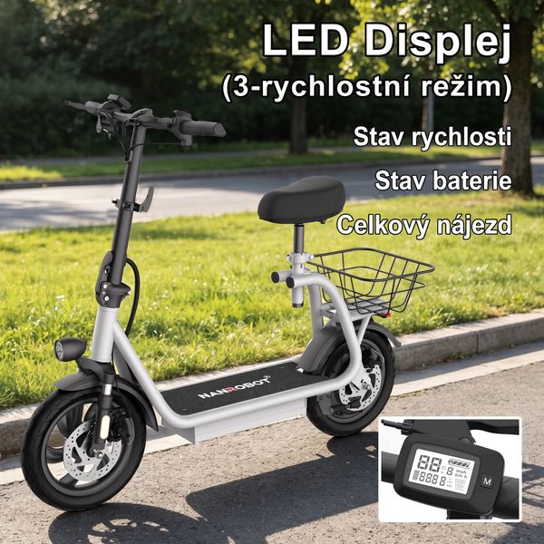 Koloběžka u cesty s detailem LED displeje a údaji o rychlosti, baterii a nájezdu