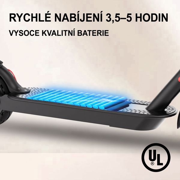 Řez podvozkem koloběžky se zvýrazněnou baterií a textem o nabíjení