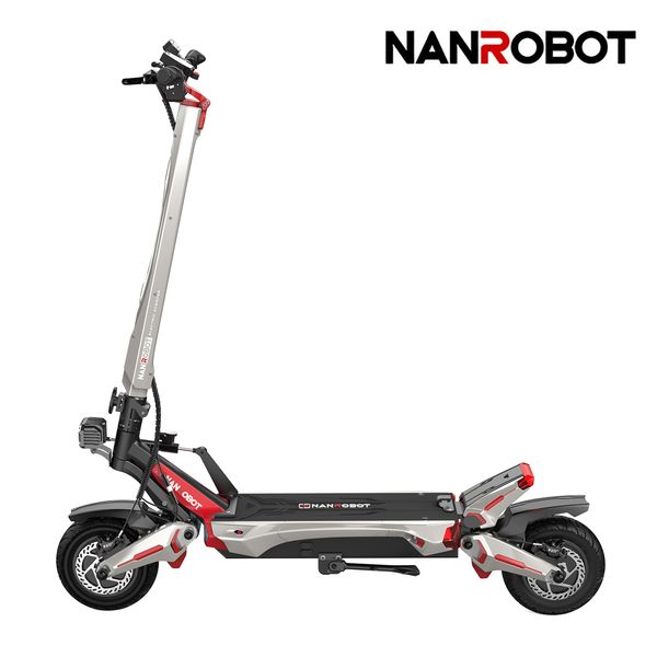 Boční pohled na koloběžku s nápisem NANROBOT, světlem a robustními koly