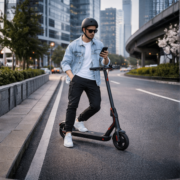 Černá elektrická koloběžka Nanrobot H1 s červenými detaily u městské cyklostezky