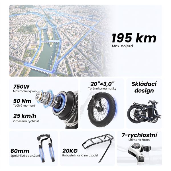 Zobrazení kola Touroll S3 Pro s údaji o dojezdu 195 km a baterii 1 296 Wh